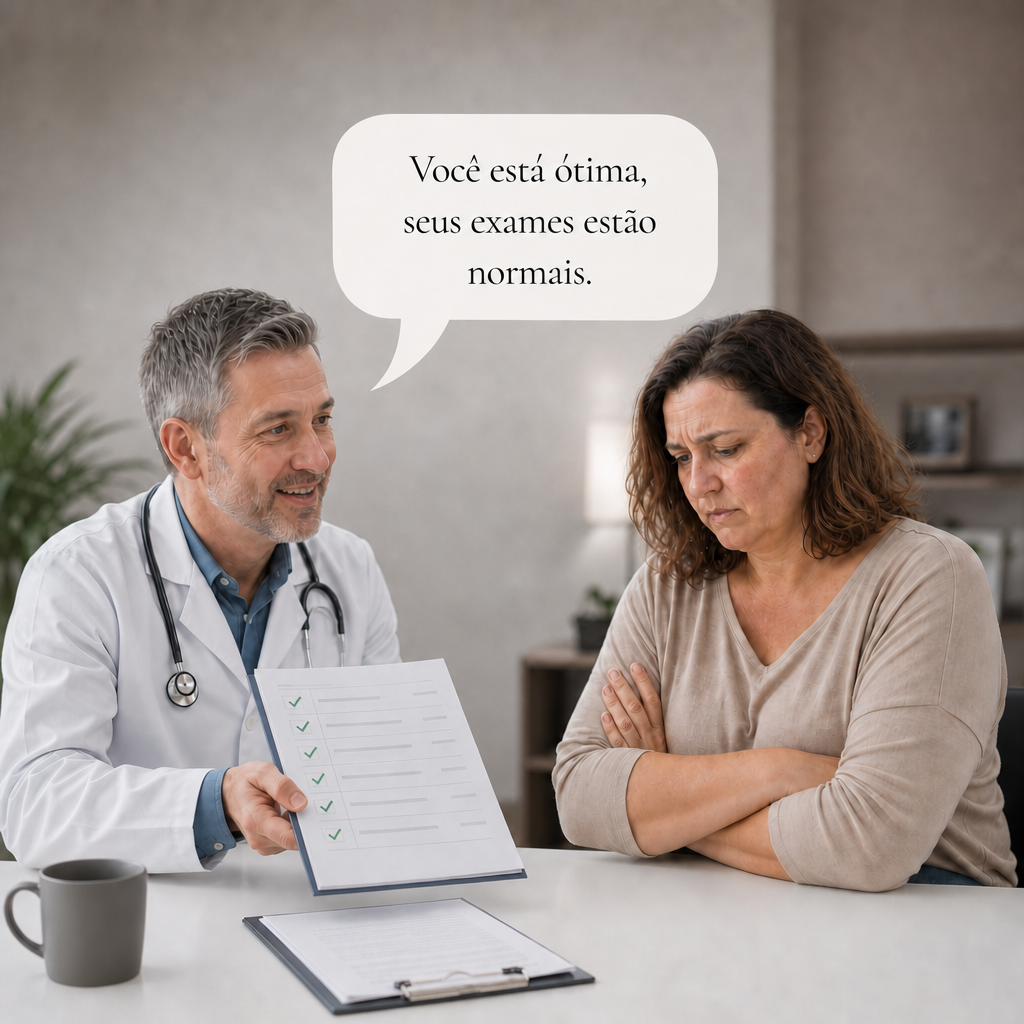 Médico dizendo à paciente que seus exames estão normais, enquanto ela permanece desconfortável